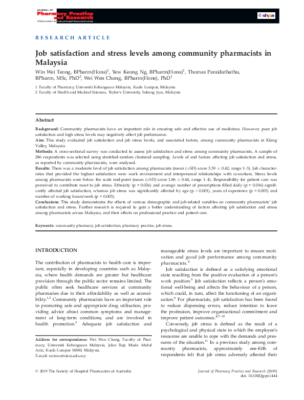 (PDF) Job satisfaction and stress levels among community pharmacists in ...
