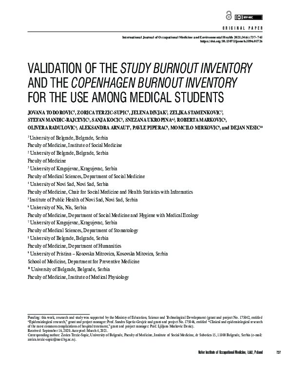 (PDF) Validation of the Study Burnout Inventory and the Copenhagen ...