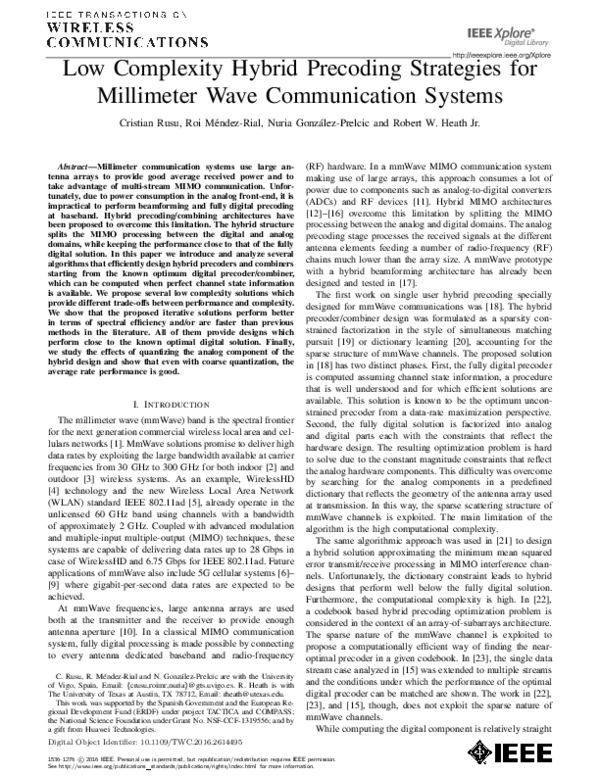 (PDF) Low Complexity Hybrid Precoding Strategies for Millimeter Wave ...