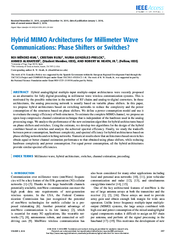 (PDF) Hybrid MIMO Architectures for Millimeter Wave Communications ...