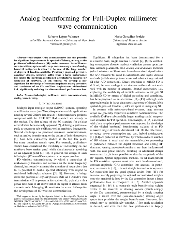 (PDF) Analog beamforming for Full-Duplex Millimeter Wave Communication