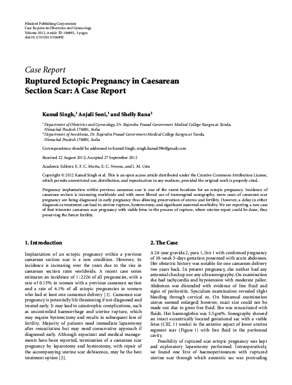 (PDF) Ruptured Ectopic Pregnancy in Caesarean Section Scar: A Case Report