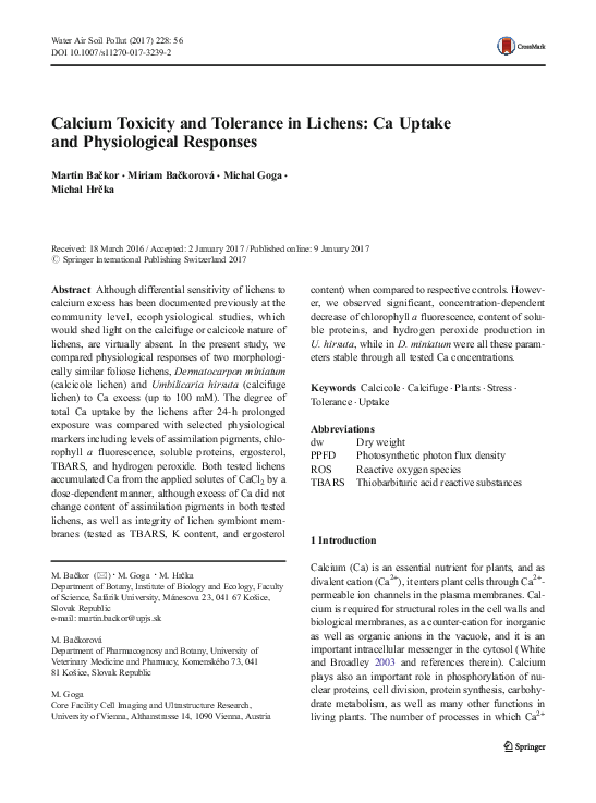 (PDF) Calcium Toxicity and Tolerance in Lichens: Ca Uptake and ...