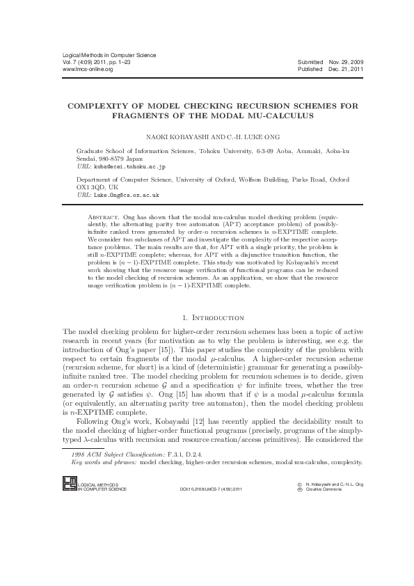 (PDF) Complexity of Model Checking Recursion Schemes for Fragments of ...