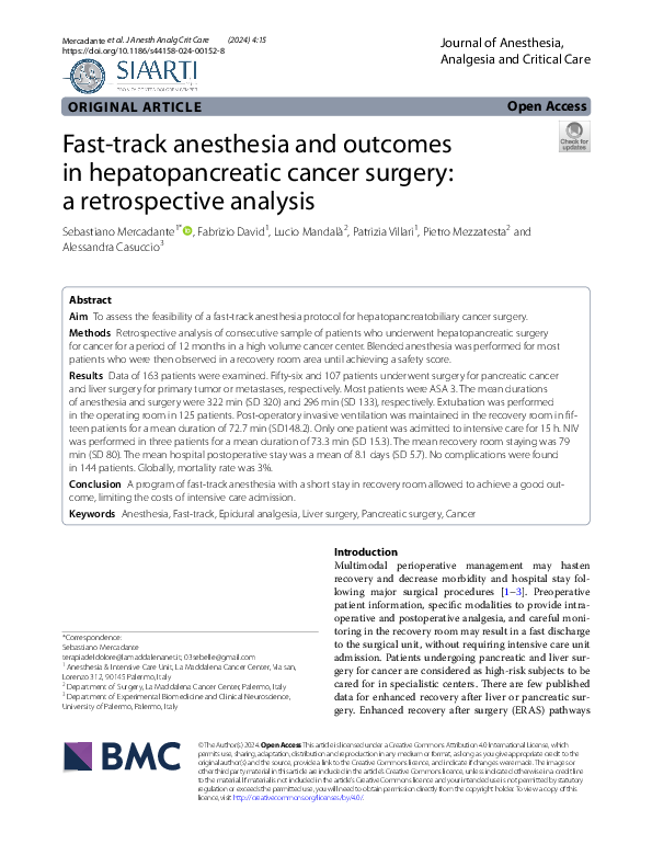 (PDF) Fast-track anesthesia and outcomes in hepatopancreatic cancer ...