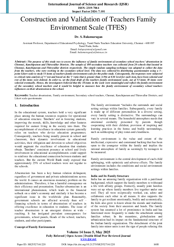 (PDF) Construction and Validation of Teachers Family Environment Scale ...