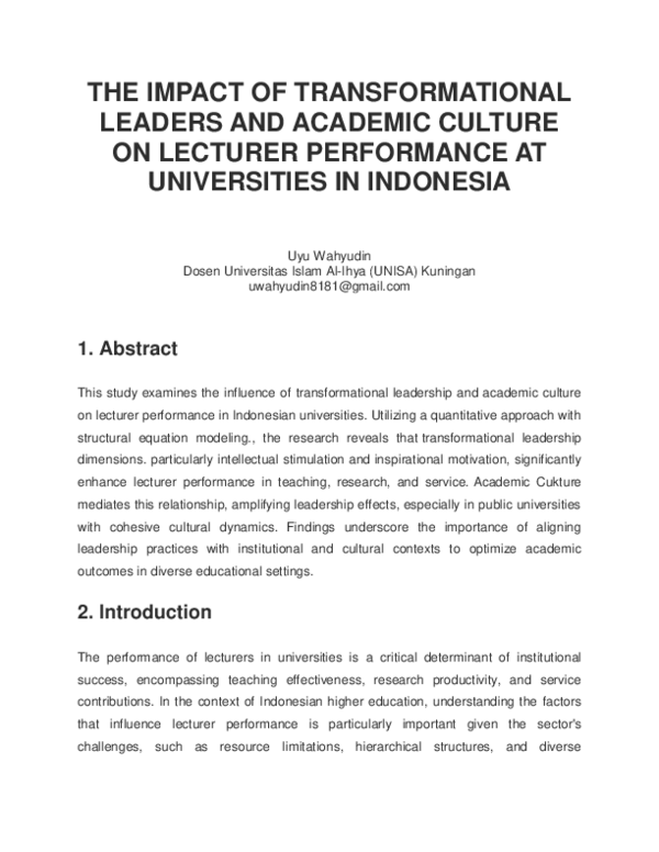 (PDF) THE IMPACT OF TRANSFORMATIONAL LEADERS AND ACADEMIC CULTURE ON ...