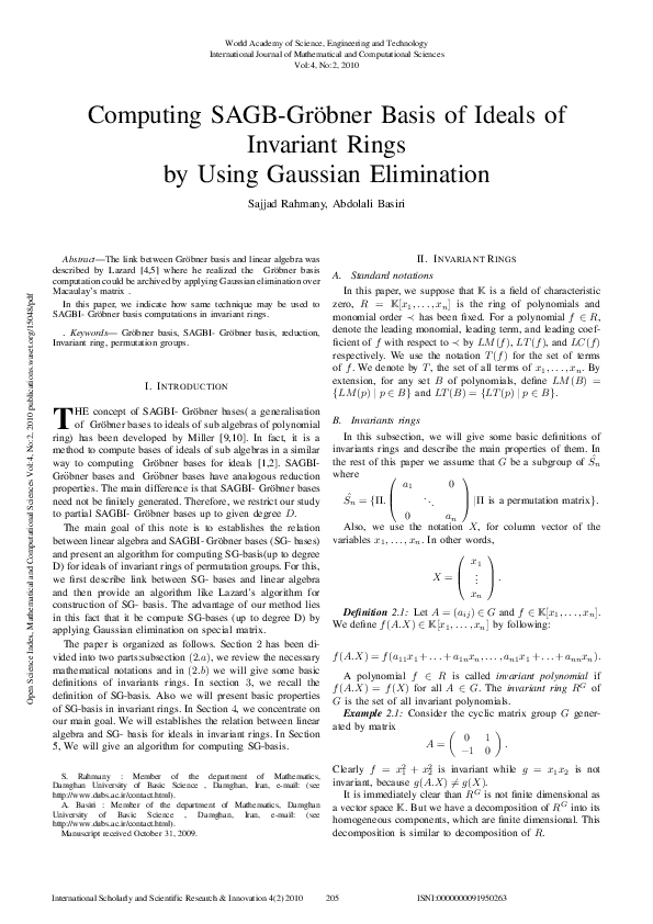 (PDF) Computing Sagb-Gröbner Basis Of Ideals Of Invariant Rings By ...