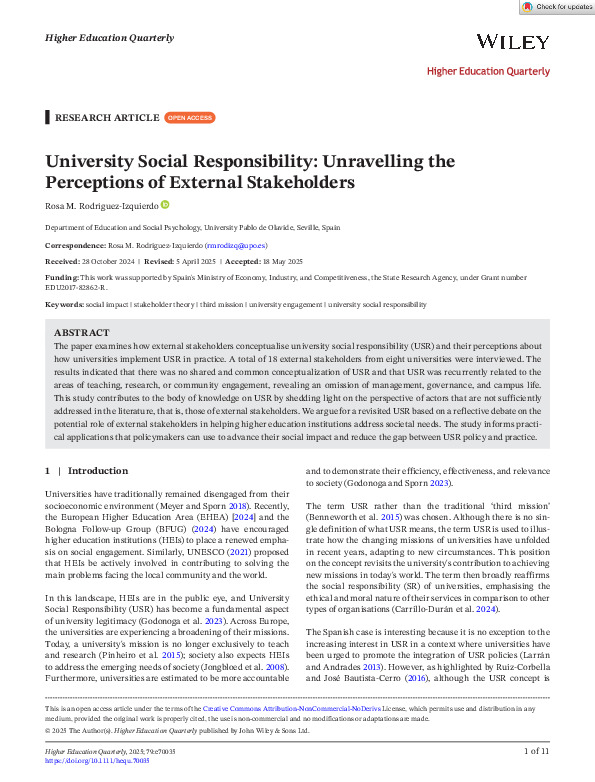 (PDF) University Social Responsibility: Unravelling the Perceptions of ...