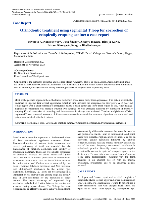 (PDF) Orthodontic treatment using segmental T loop for correction of ...