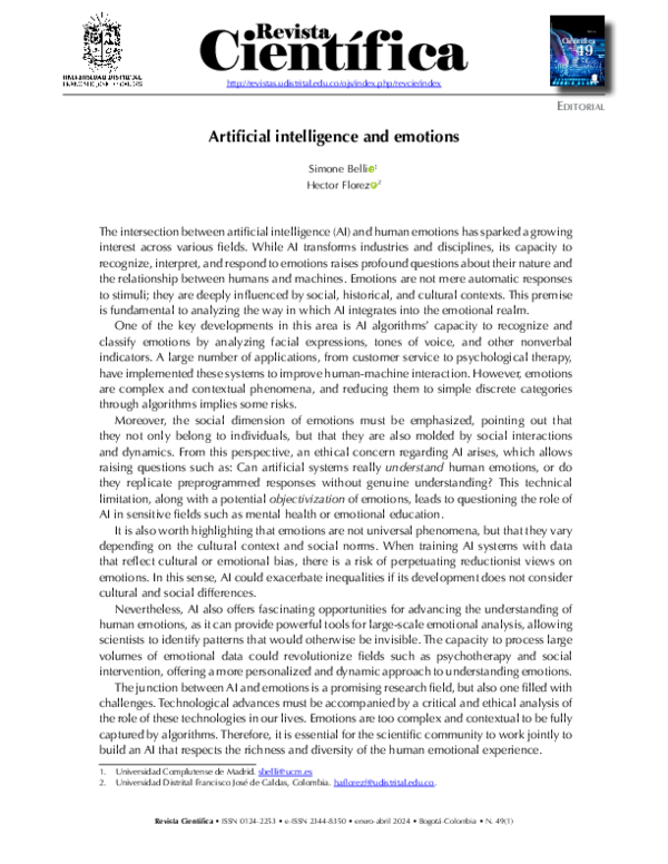 (PDF) Artificial intelligence and emotions
