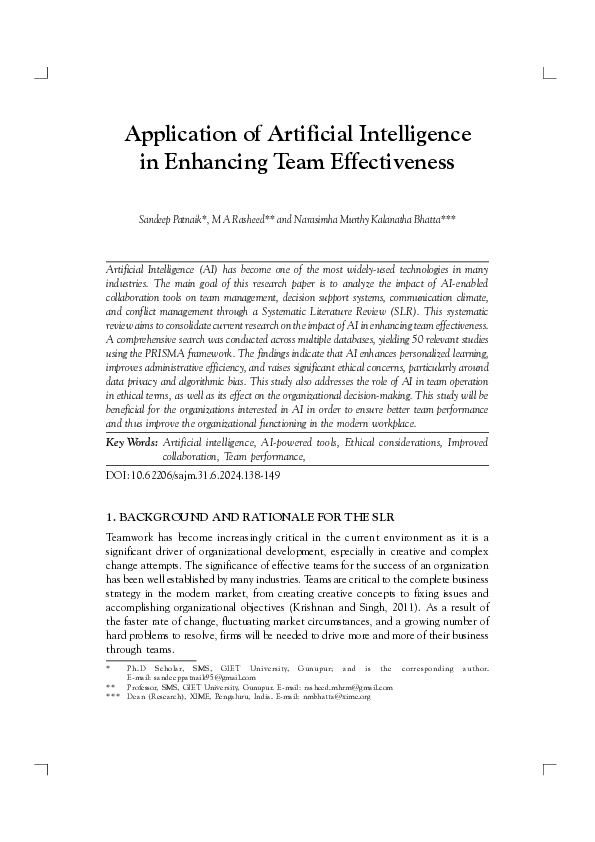 (PDF) Application of Artificial Intelligence in Enhancing Team ...