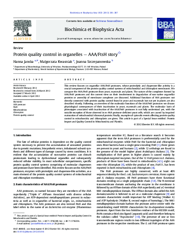 (PDF) Protein quality control in organelles — AAA/FtsH story