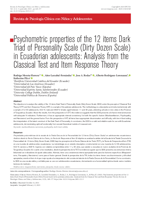 (PDF) Psychometric properties of the 12 items Dark Triad of Personality ...