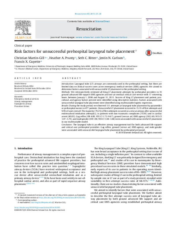 (PDF) Risk factors for unsuccessful prehospital laryngeal tube placement