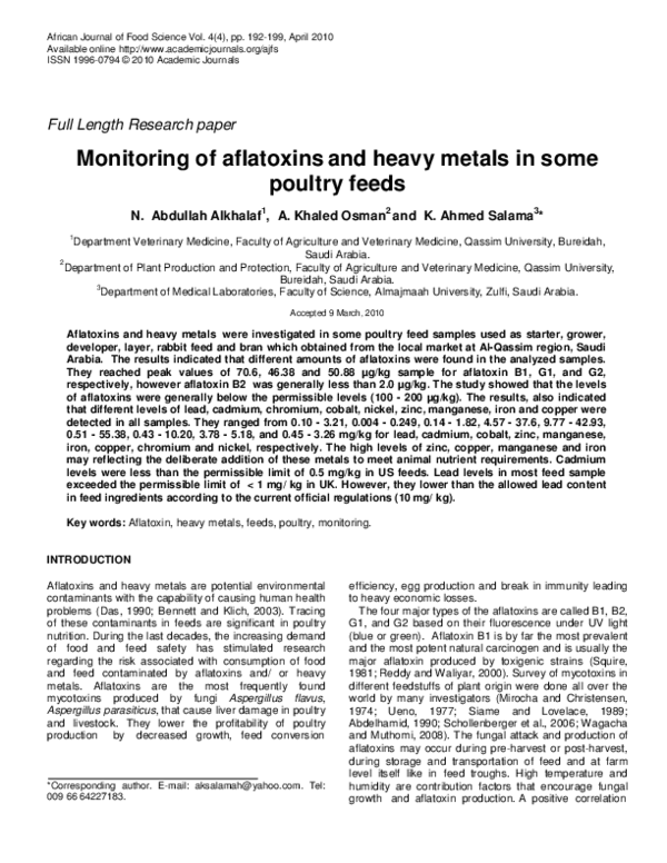 (PDF) Monitoring of aflatoxins and heavy metals in some poultry feeds