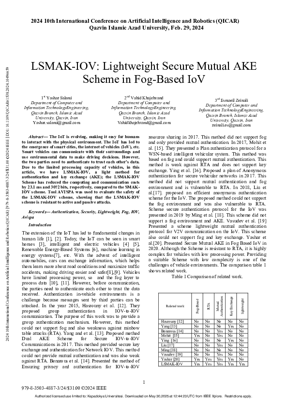(PDF) LSMAK-IOV: Lightweight Secure Mutual AKE Scheme in Fog-Based IoV