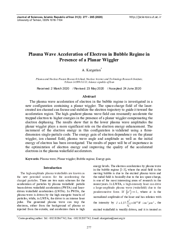 (PDF) Plasma Wave Acceleration of Electron in Bubble Regime in Presence ...
