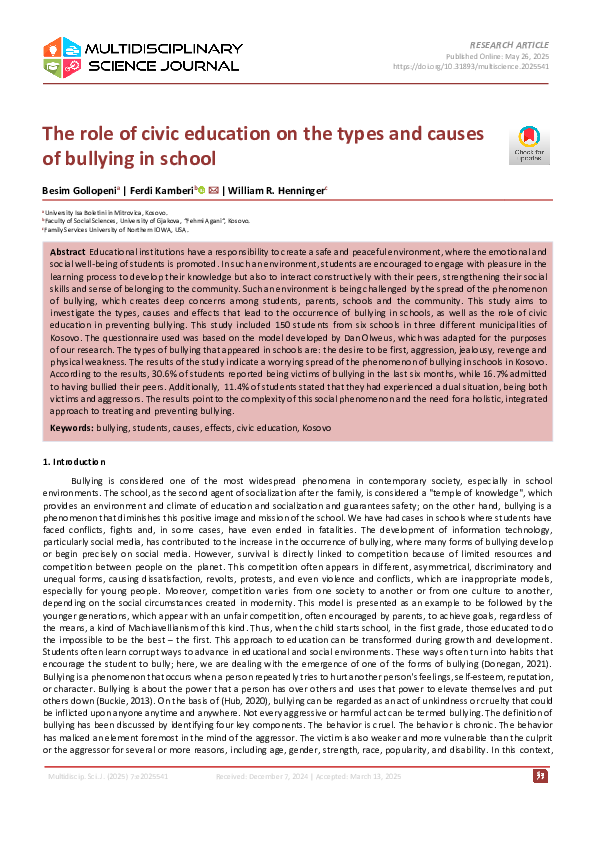 (PDF) The role of civic education on the types and causes of bullying ...