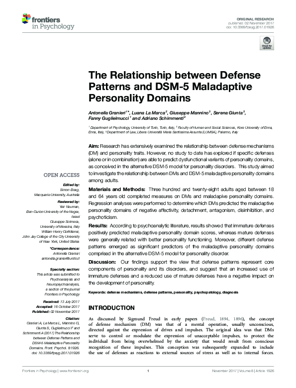 (PDF) The Relationship between Defense Patterns and DSM-5 Maladaptive ...
