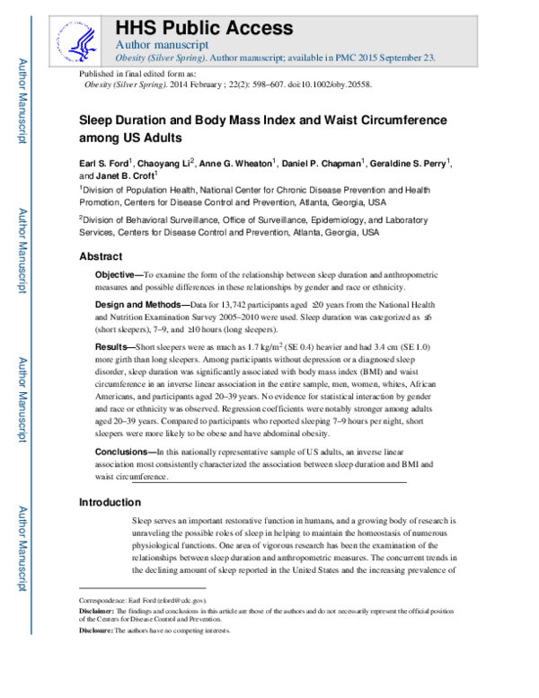 (PDF) Sleep duration and body mass index and waist circumference among ...