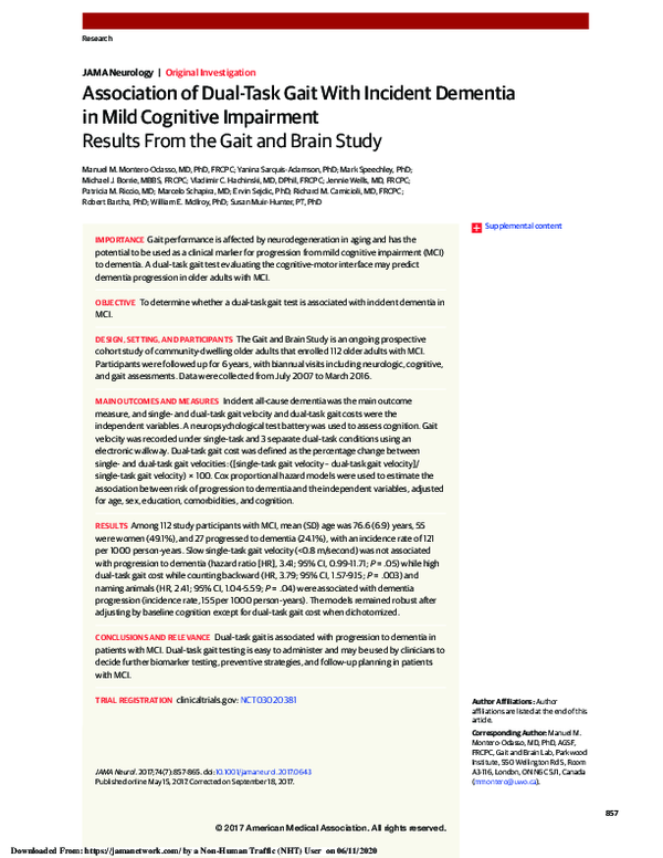(PDF) Association of Dual-Task Gait With Incident Dementia in Mild ...