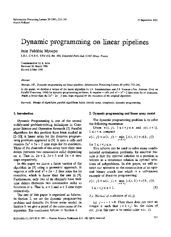 (PDF) Dynamic programming on linear pipelines