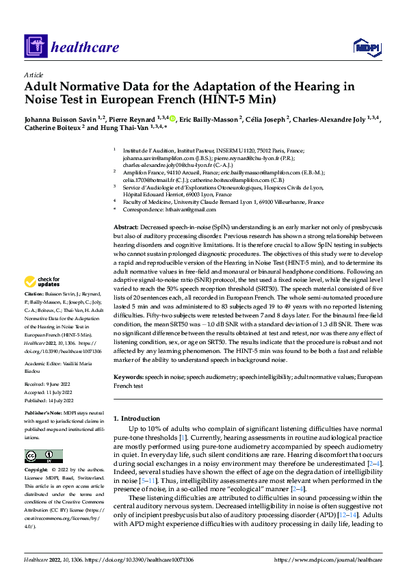(PDF) Adult Normative Data for the Adaptation of the Hearing in Noise ...