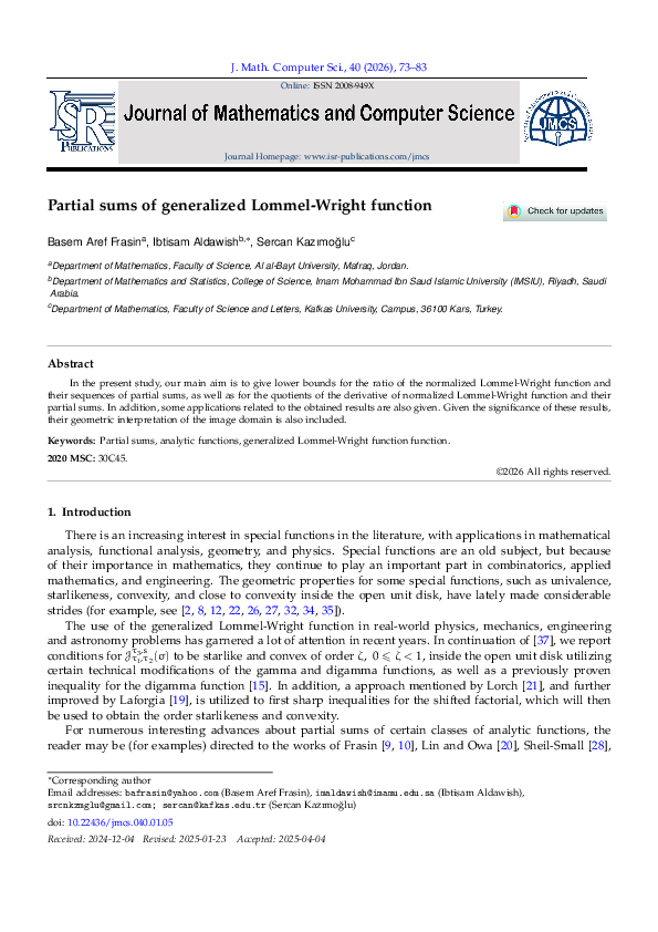(PDF) Partial sums of generalized Lommel-Wright function