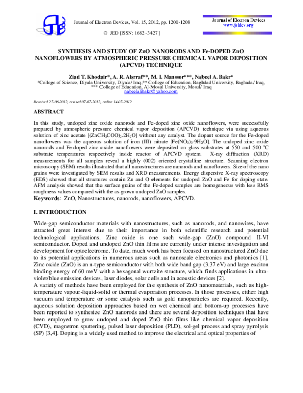 (PDF) Synthesis and Study of ZnO Nanorods and Fe-Doped ZnO Nanoflowers ...