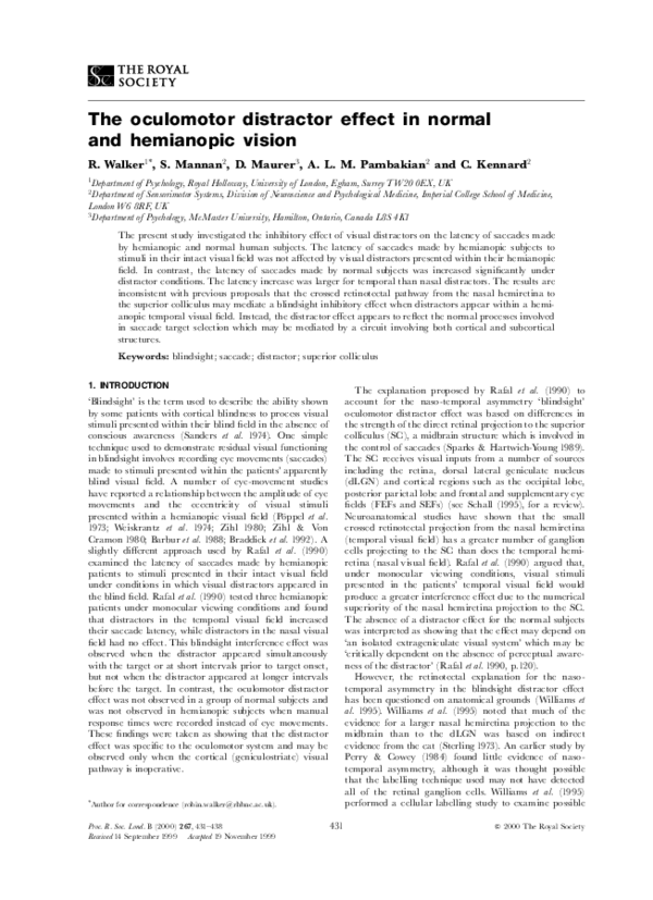 (PDF) The oculomotor distractor effect in normal and hemianopic vision