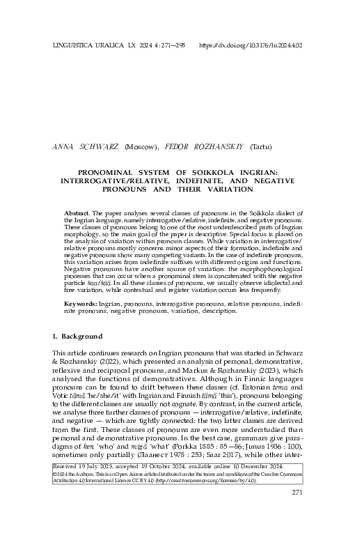 (PDF) Anna Schwarz, Fedor Rozhanskiy. Pronominal system of Soikkola ...