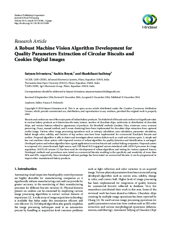 (PDF) A Robust Machine Vision Algorithm Development for Quality ...
