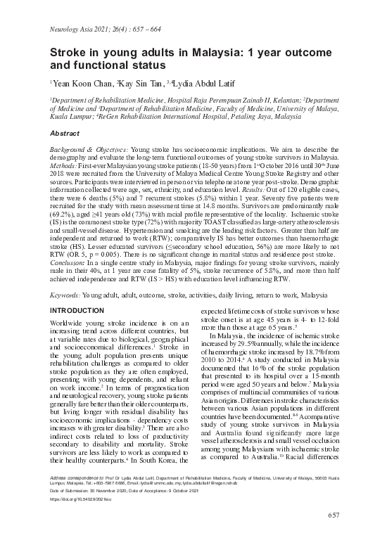 (PDF) Stroke in young adults in Malaysia: 1 year outcome and functional ...