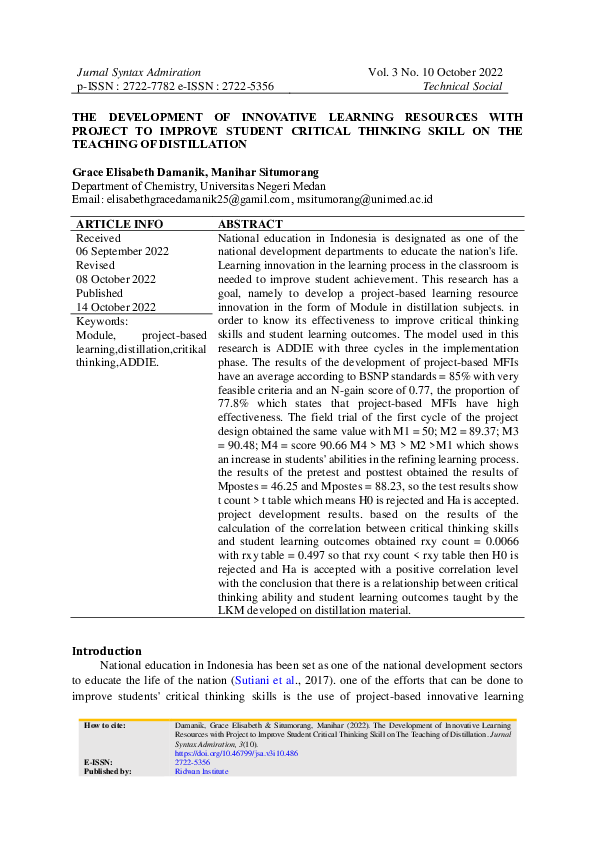 (PDF) The Development of Innovative Learning Resources with Project to ...