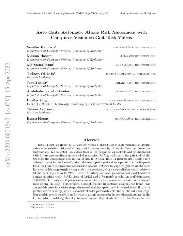 (PDF) Auto-Gait: Automatic Ataxia Risk Assessment with Computer Vision ...