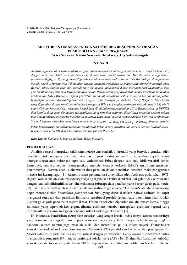 (PDF) Metode Estimasi-S Pada Analisis Regresi Robust Dengan Pembobotan ...