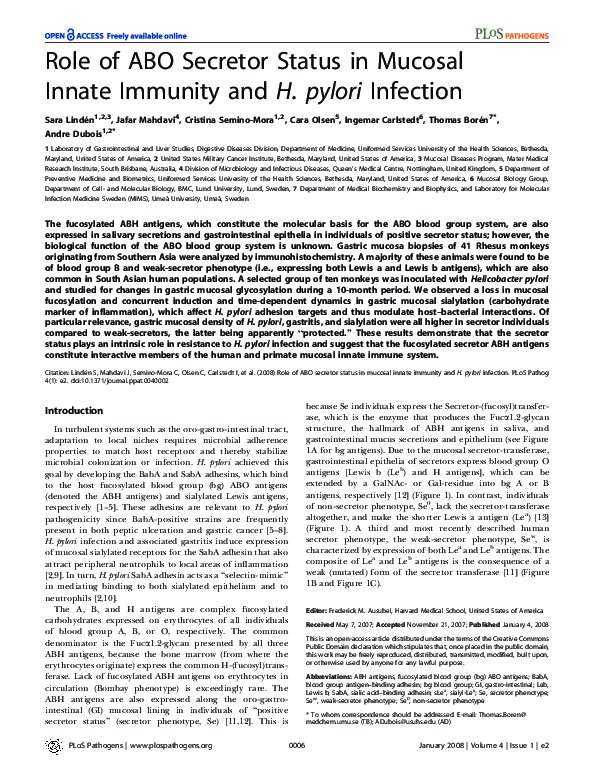 (PDF) Role of ABO Secretor Status in Mucosal Innate Immunity and H ...