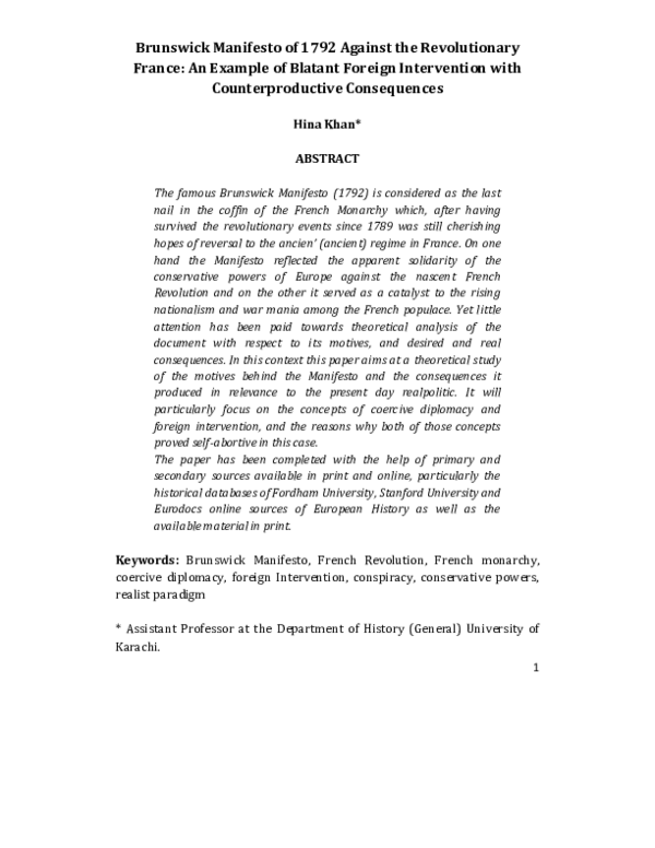 (PDF) Brunswick Manifesto of 1792 Against the Revolutionary France: An ...