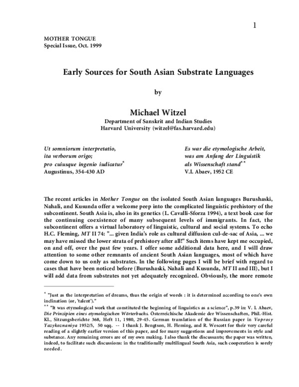 (PDF) Early Sources for South Asian Substrate Languages