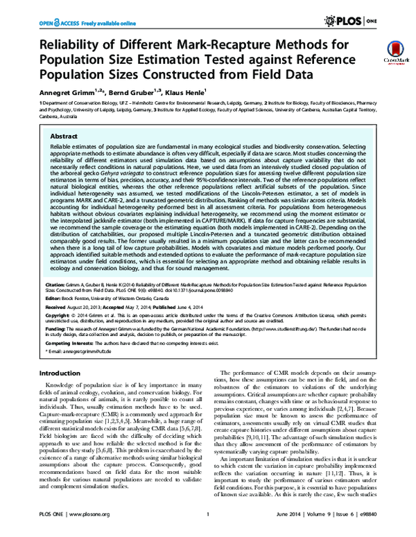 (PDF) Reliability of Different Mark-Recapture Methods for Population ...