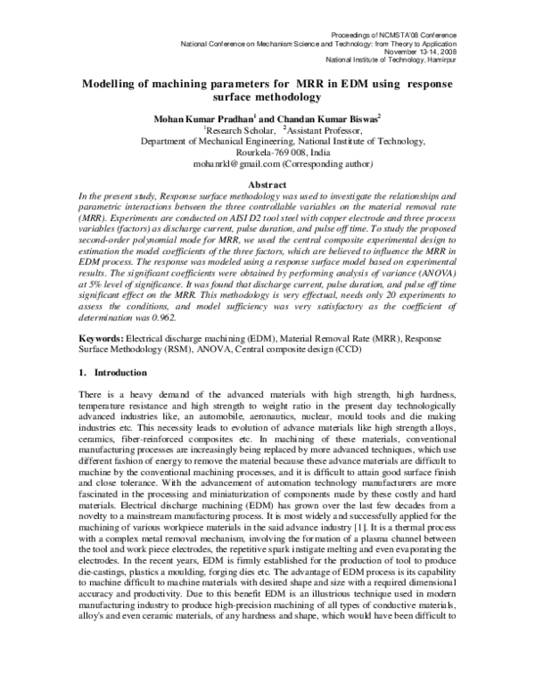 (PDF) Modelling of machining parameters for MRR in EDM using response ...