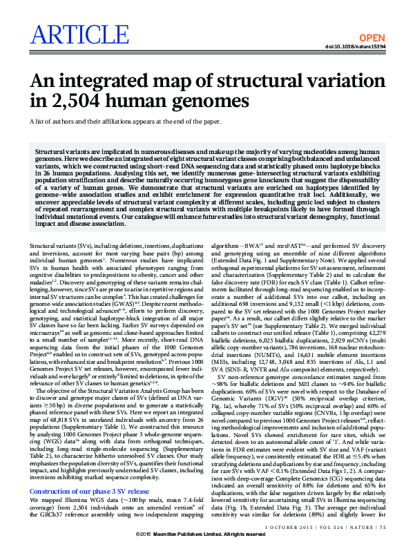 (PDF) An integrated map of structural variation in 2,504 human genomes