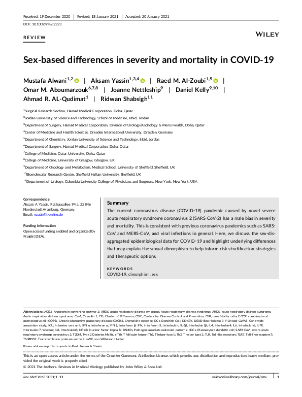 (PDF) Sex‐based differences in severity and mortality in COVID‐19