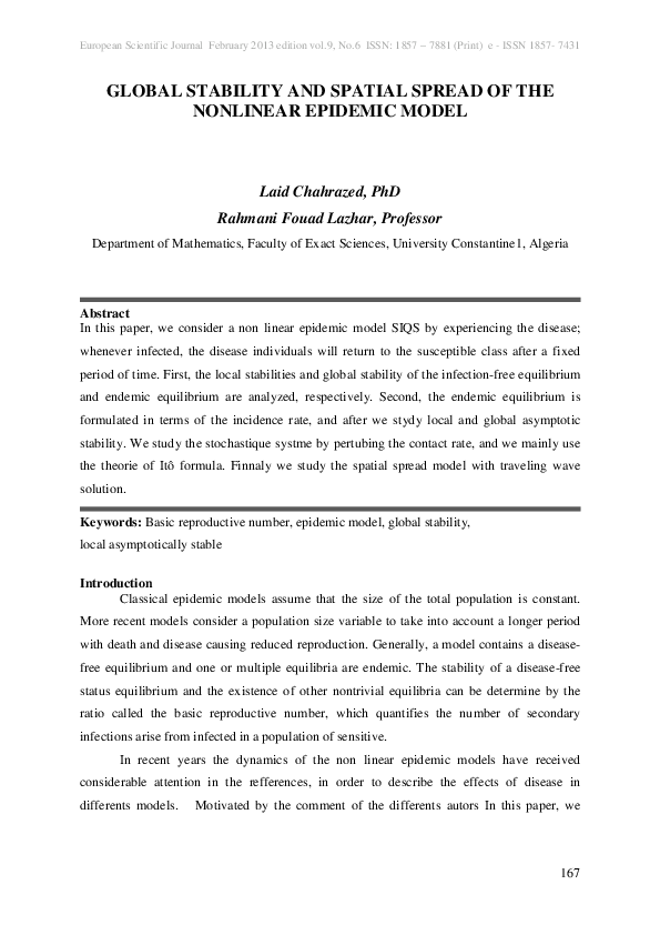 (PDF) Global Stability and Spatial Spread of the Nonlinear Epidemic Model