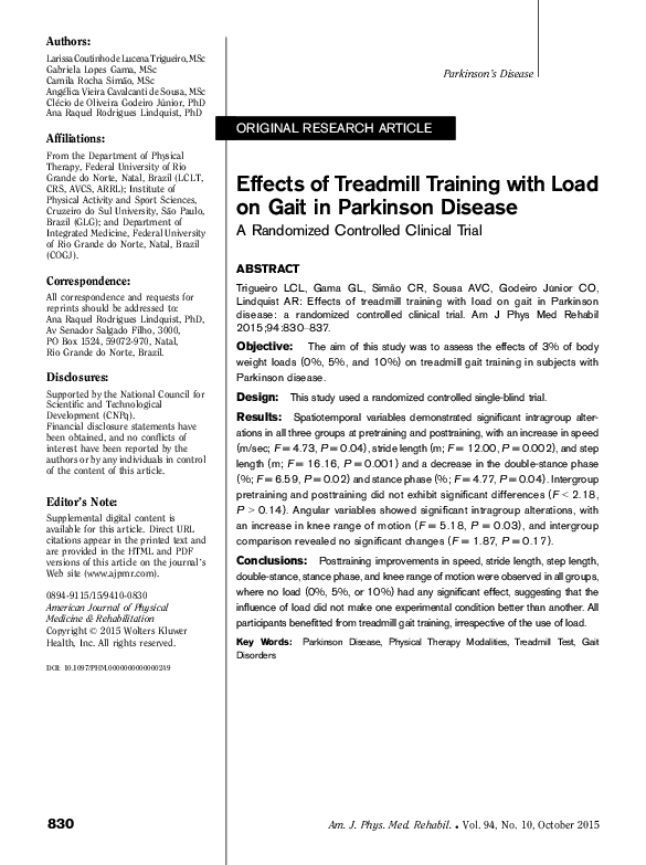 (PDF) Effects of Treadmill Training with Load on Gait in Parkinson Disease