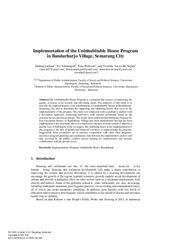 (PDF) Implementation of the Uninhabitable House Program in Bandarharjo ...