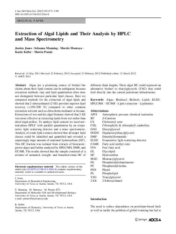 (PDF) Extraction of Algal Lipids and Their Analysis by HPLC and Mass ...