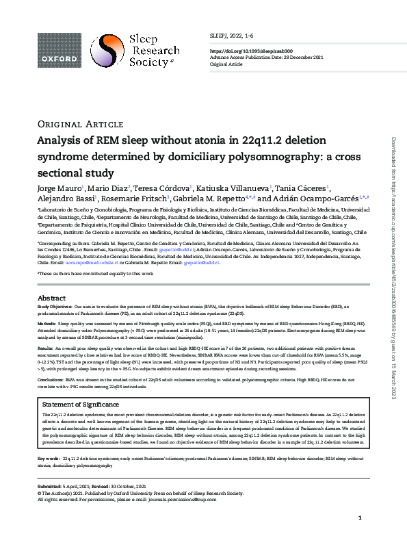 (PDF) Analysis of REM sleep without atonia in 22q11.2 deletion syndrome ...