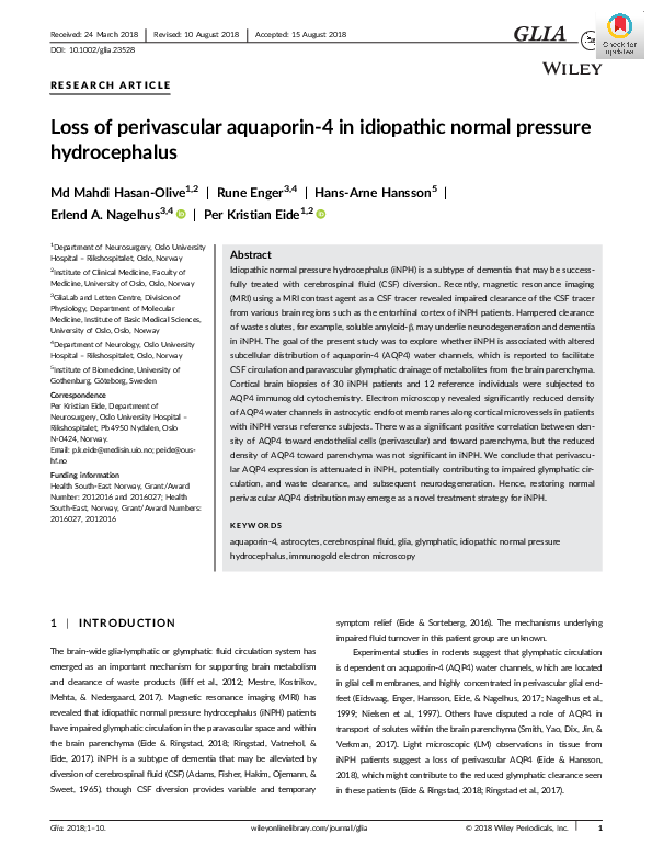 (PDF) Loss of perivascular aquaporin‐4 in idiopathic normal pressure ...